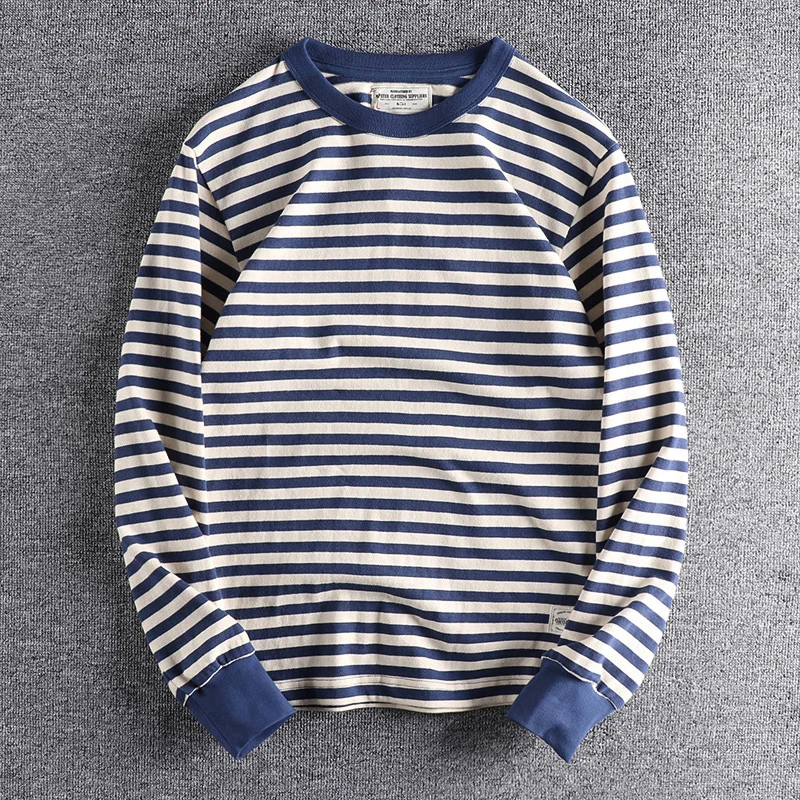 Autumn Japanese Retro Heavyweight 280g Long-sleeved O-neck Striped T-shirt Men\'s Fashion Pure Cotton Washed Loose Casual Tops