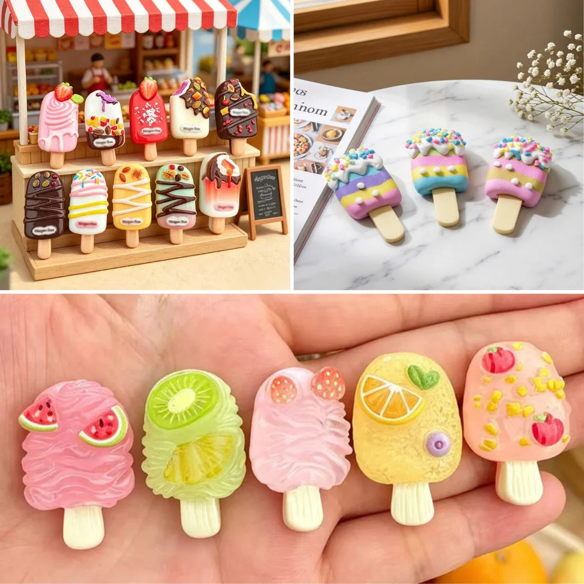 100pcs Cute Simulation Ice Popsicle Food Game Resin Flatback Cabochon DIY for Hairpin Keychain Earring Scrapbook Dollhouse Decor
