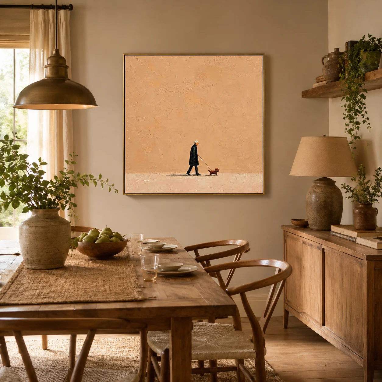 The Afternoon Stroll – Warm Peach Folk Man & Dog Portrait Painting | Minimalist Square Entryway Art for Bedroom, Living Room view 3