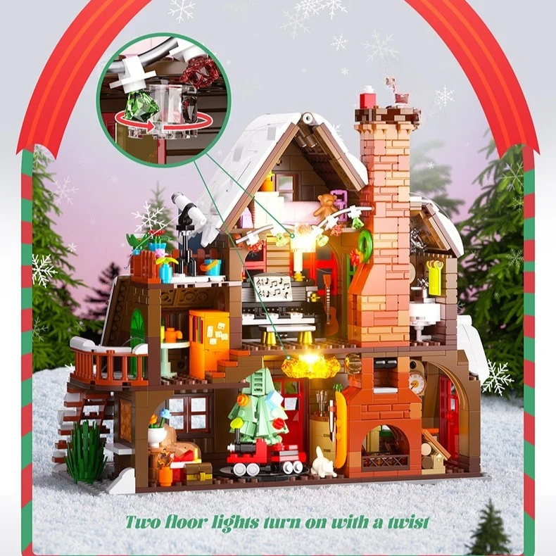 MOC كبير بهيجة عيد الميلاد خشبية الشتاء منزل اللبنات مجموعة الزنجبيل سقف الثلج كوخ مع ألعاب خفيفة الأطفال هدايا عيد الميلاد