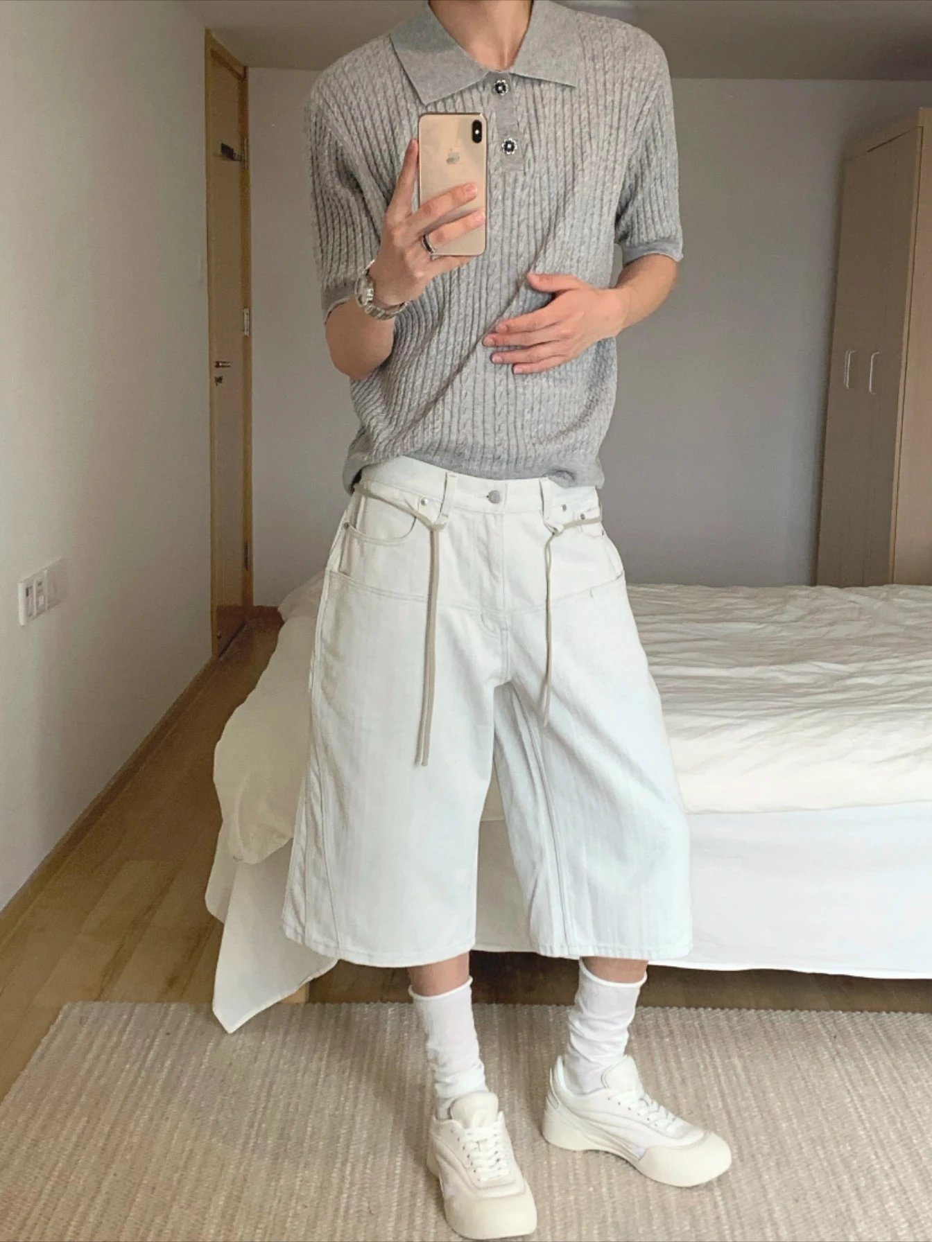 

Корейские уличные брюки свободного кроя, удобные мужские брюки длиной 7/8 с поясом, повседневный дизайн, молочно-белый цвет, молодежные летние брюки