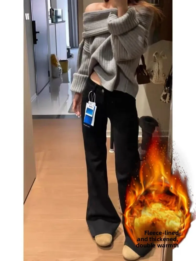 

Женские зимние джинсы-клеш с высокой талией на флисовой подкладке, больших размеров, стройнящие, эластичные, для невысоких, расклешенные брюки