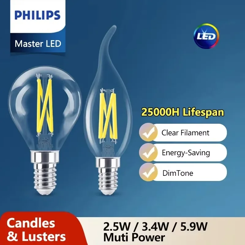 Philips Master Glass LED Candle Luster E27 Bulb Filament P45 Clear Lamp DimTone Dimmable Warm White Indoor Light