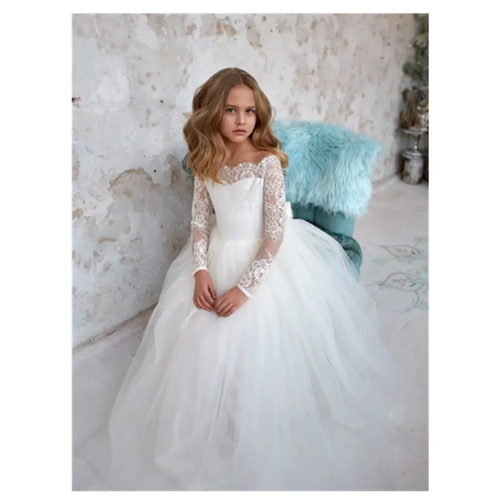 

Full Sleeves Flower Girl Dress Bohemian Tulle Ivory White Lace Bow Girls First Communion Gown Junior Bridesmaid Dress