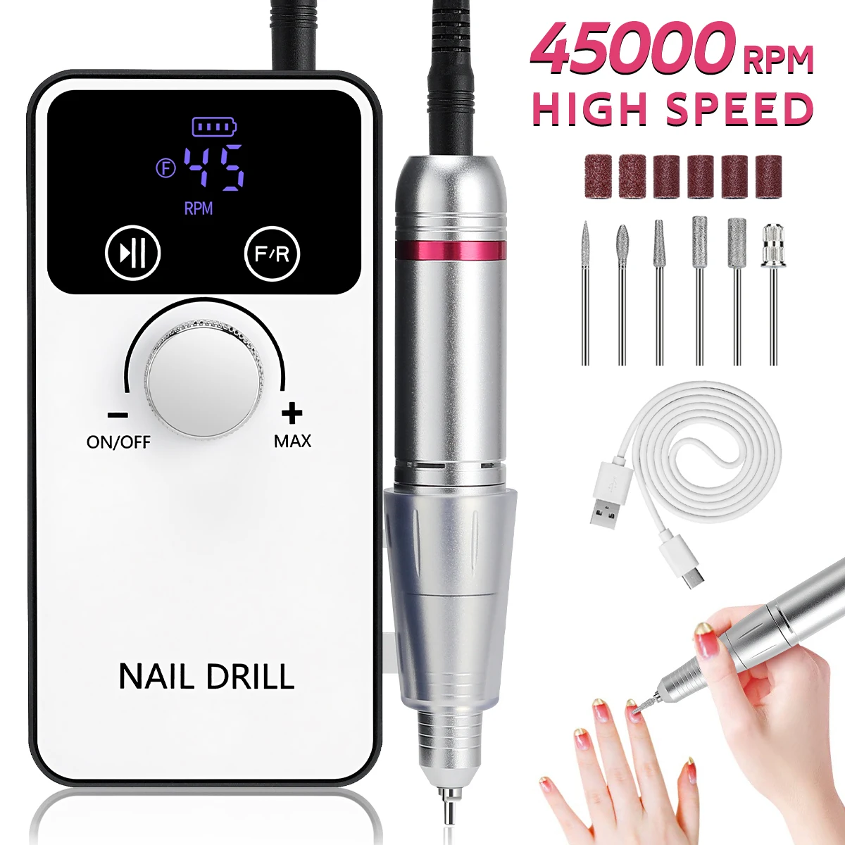 

45000RPM Nail Drill Machine Portable Nail Polish Gel Sander Electric Professional Nail Lathe with HD LCD Display Manicure Care