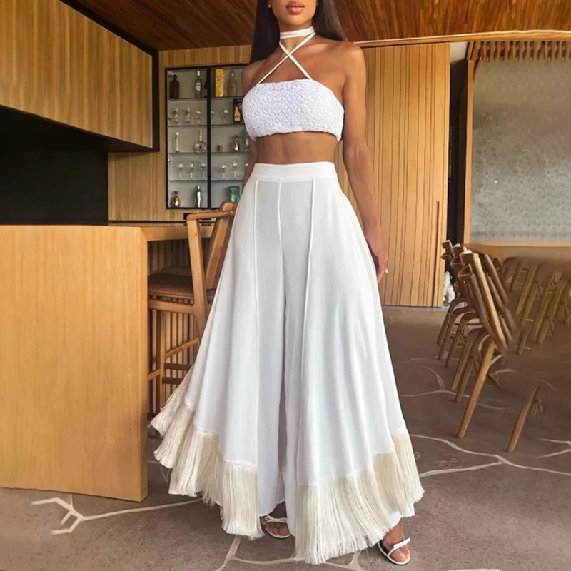 BKLD 2026 Wide Legs Pants Women Elegant Temperament Irregular Tassel Decoration High Waist Big Swing Trousers Club Street Outfit