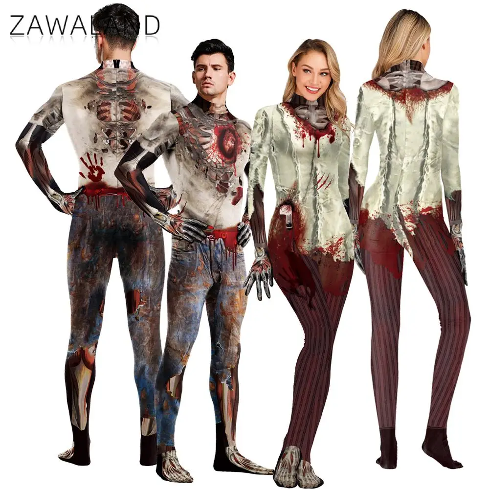

Zawaland Halloween Zombie Cosplay Costume Jumpsuit Men's Bodysuit Carnival Fullbody Couple Clothes Garment Vampire Play Costume