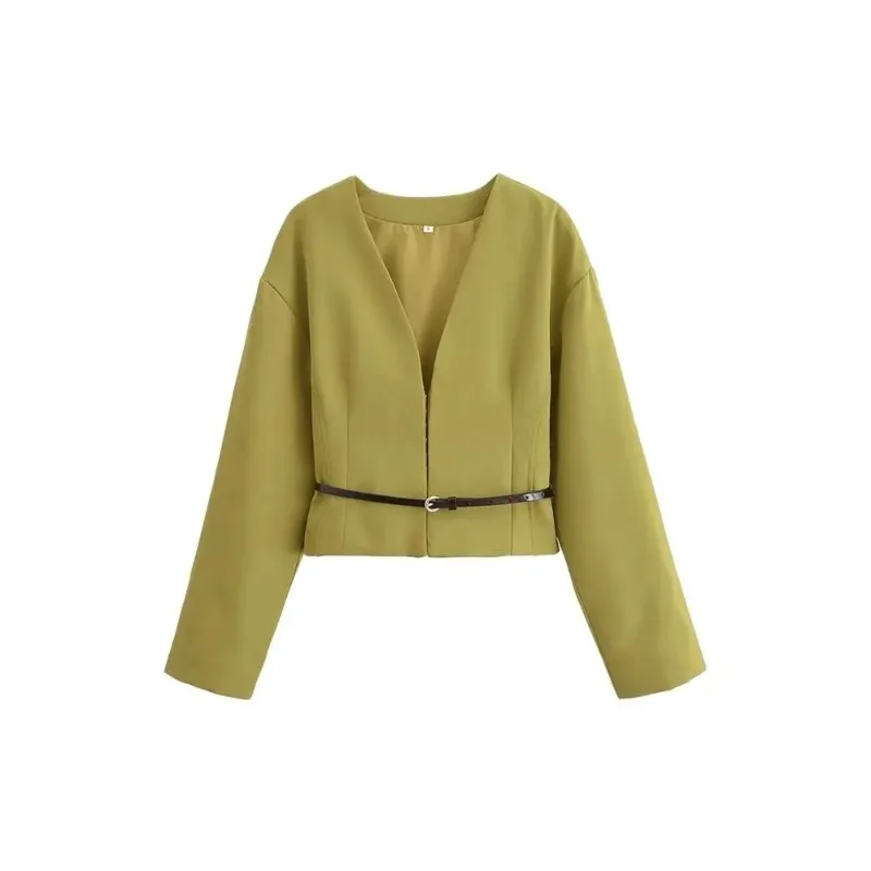 

SMVP осенне-зимний женский приталенный пиджак с поясом с v-образным вырезом и длинными рукавами, женская верхняя одежда, шикарные топы, мода 2025 г.