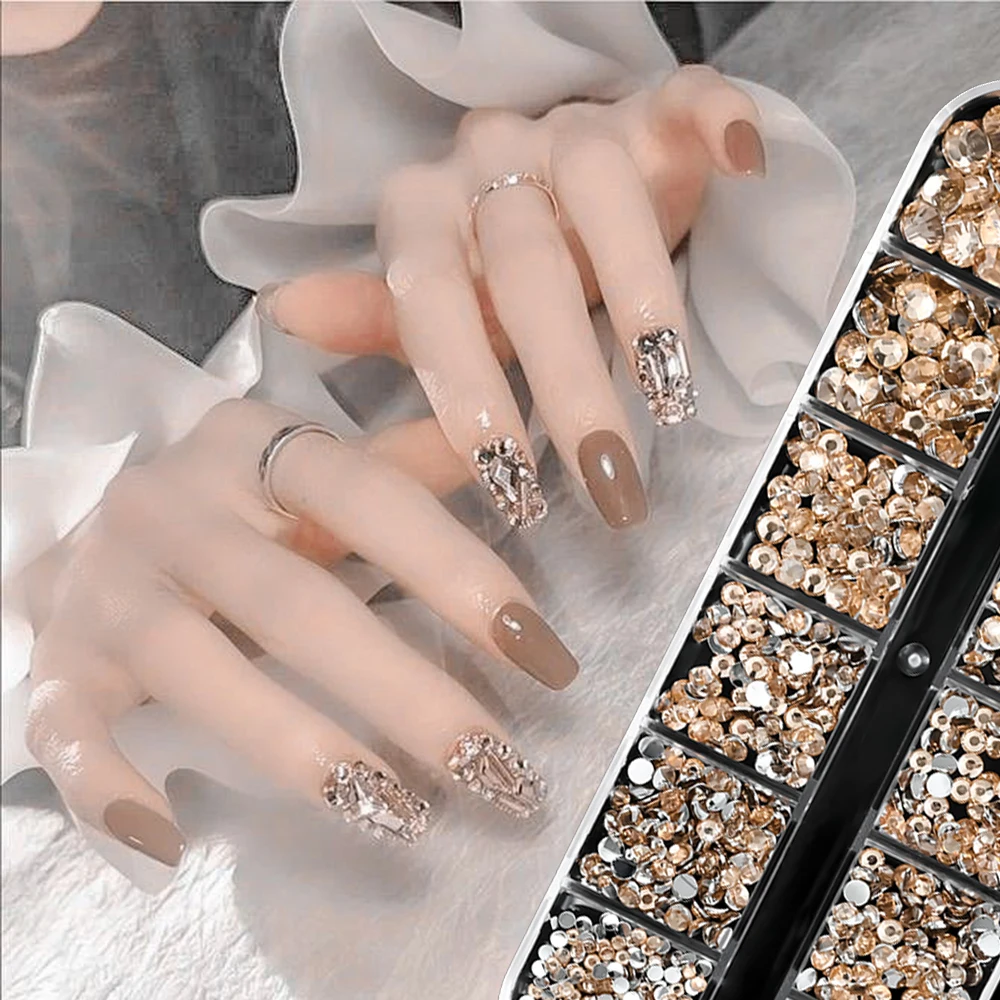 12Grids Multi-Size Champagne Golden Round Bead Nail Crystal SS6-SS30 Flatback Pearl Nail Diamond Y2K Luxury Bead Nail Jewelry