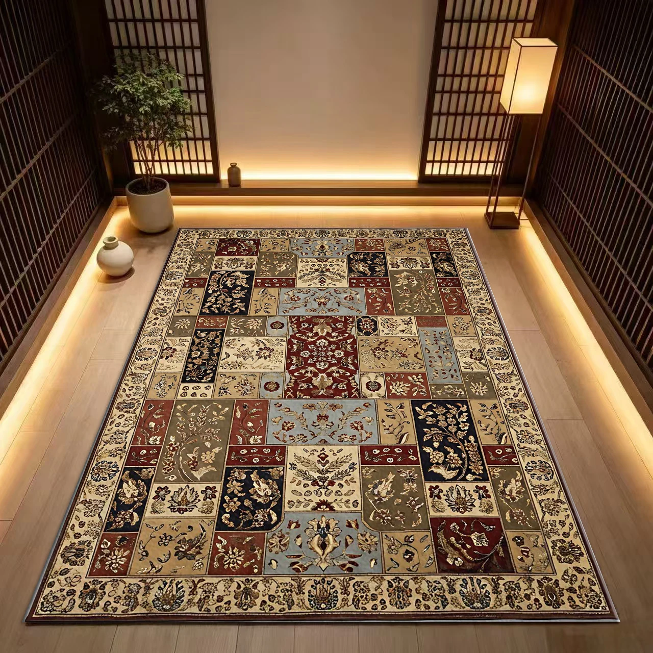Patchwork Floral Vintage Persian Square Area Rug Non-Slip Antique Ornate Floor Carpet for Living Room Hall Home Decor