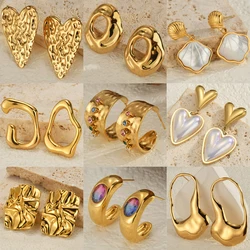 Freeteeme Vintage 18k Gold Plated Heart Shell Stud Earrings Stainless Steel for Women Party Fashion Geometric Jewelry Accessory