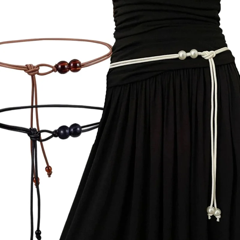 

Женский кожаный тонкий пояс из веревки, женский 110 см, декоративный тонкий ремень с завязками в стиле бохо, шикарный стиль, черный, белый цвет, простой дизайн с узлом