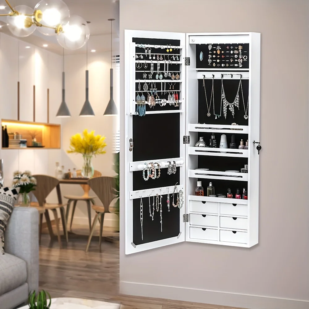 

Non-full Mirror Wall-mounted 4-layer Shelf 6 Drawers Wooden Spray Paint White Jewelry Mirror Cabinet, Jewelry Armoires