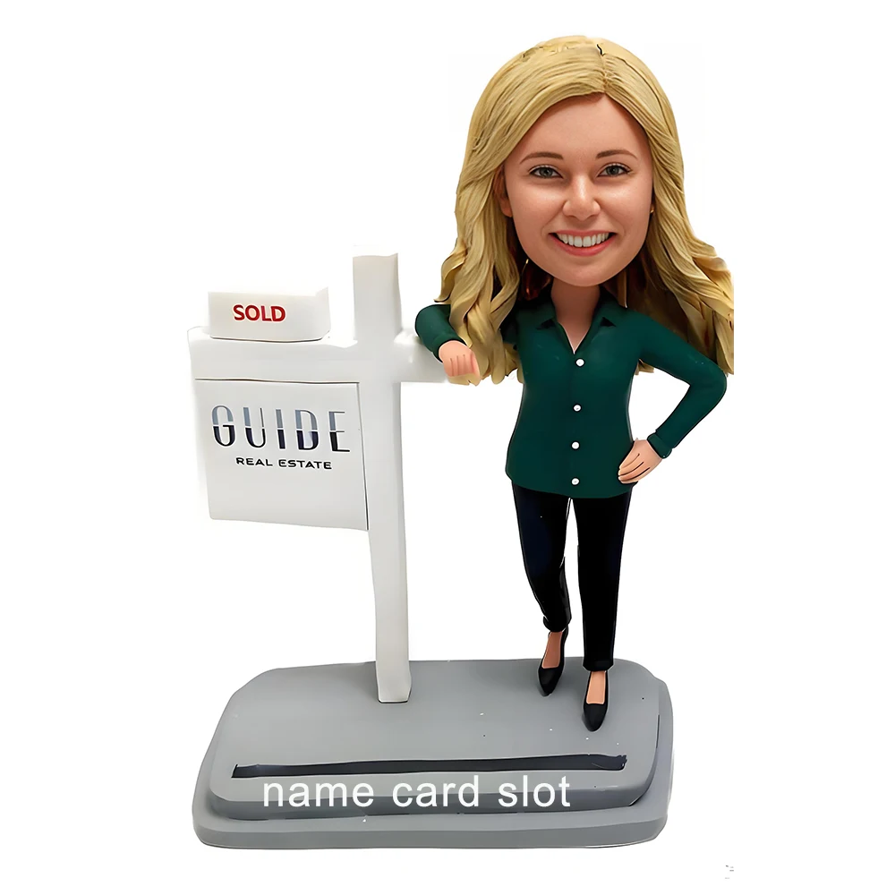 Custom Bobblehead Real Estate Agent Figurine, Name Card Slot, Personalized Bobble Head, Handmade Statue Sculpture