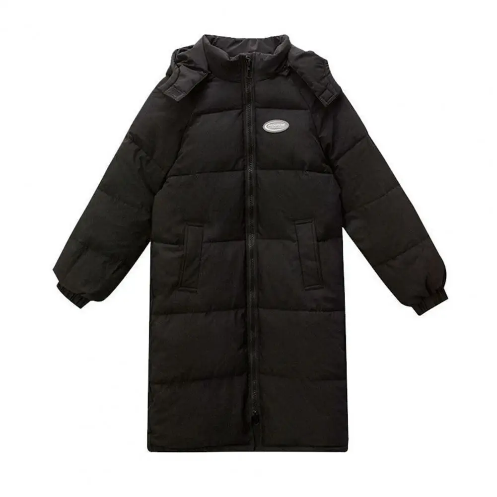 Winter Down Coat Thickened Padded Hooded Stand Collar Over Knee Length Pockets Zipper Closure Windproof Heat Retention Warm Dail