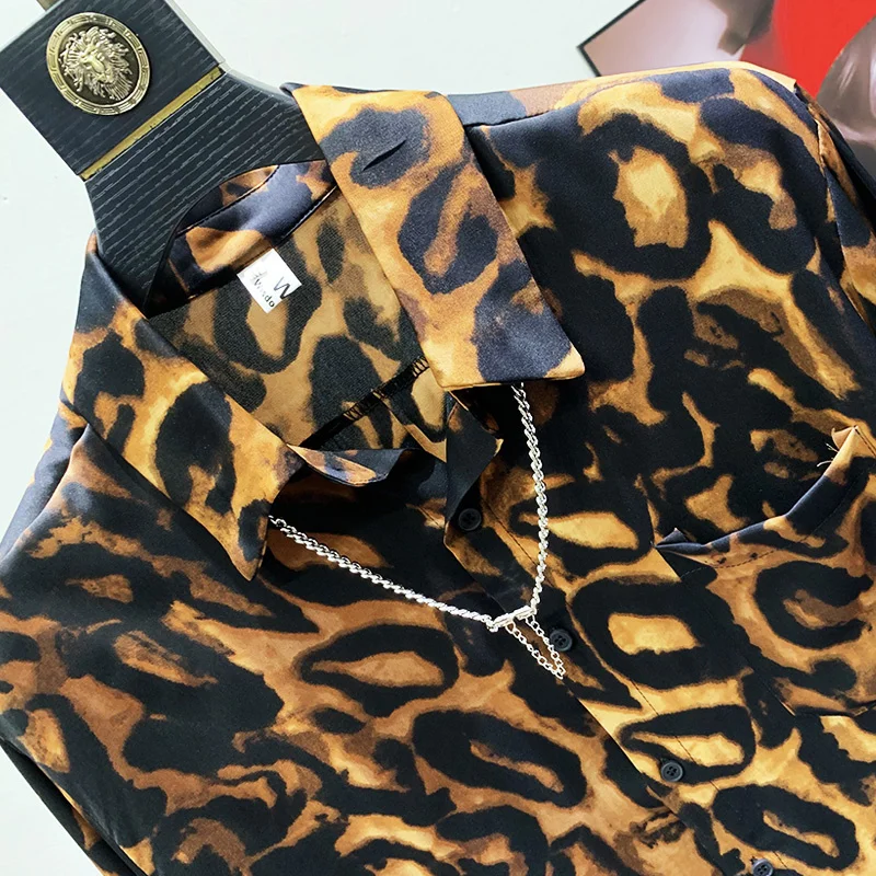 PFHQ 2023 Summer New Fashion Leopard Print Shirts For Men Turn-down Collar Long Sleeve Loose Men\'s Blouse Clothing Tide 21F3490