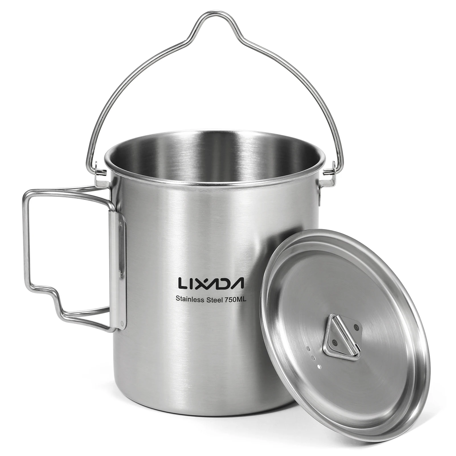 750ml Stainless Steel Pot Outdoor CupPortable Water Mug Cup with Lid and Foldable Handle Outdoor Camping Cooking Picnic