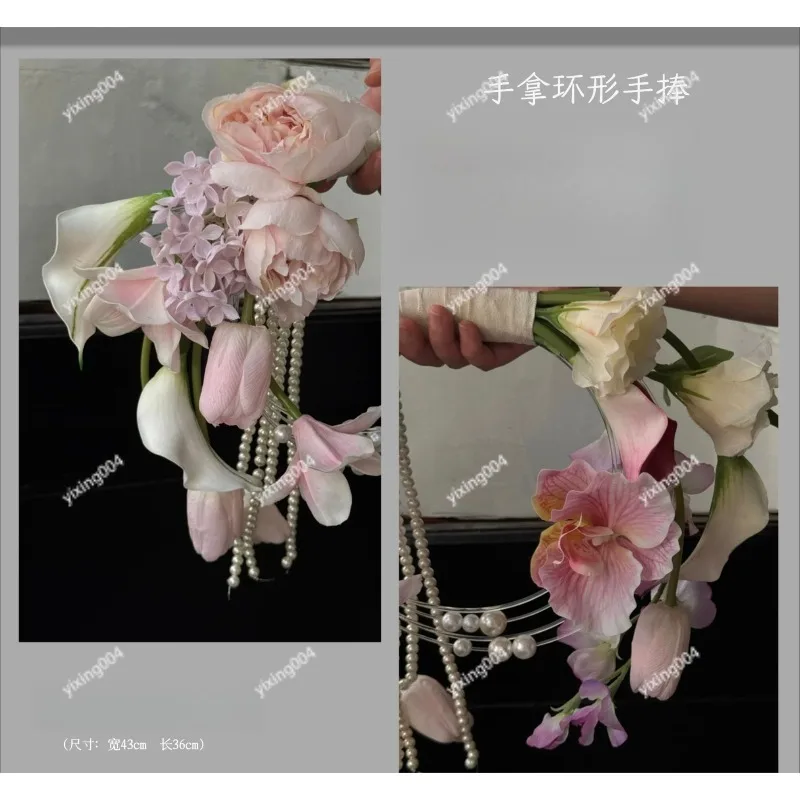 Korean Pearl Bridal Bouquet, Artificial Handheld Flower for Wedding Engagement Photo Props
