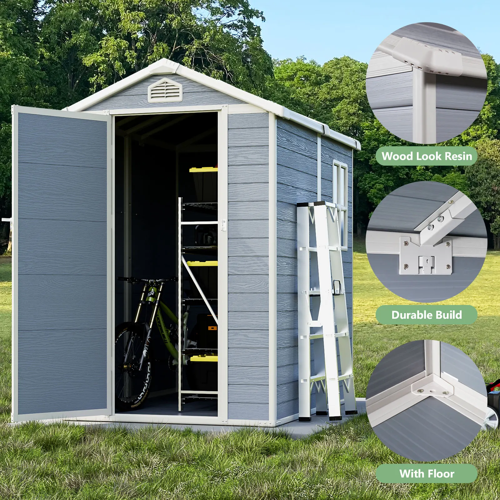 4'x6' Resin Outdoor Storage Shed with Lockable Door - Ideal for Garden Tools, Bike Accessories, Beach Chairs and Patio Furniture