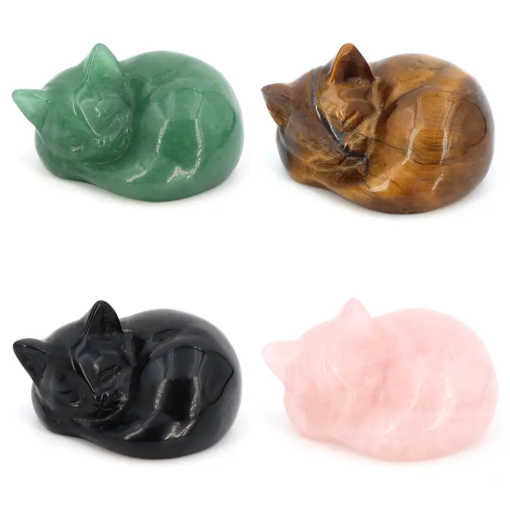 Natural Crystal Carved Sleeping Cat Statue Healing Gemstone Animal Figurine Crafts Chakra Ornament Home Decoration Children Gift