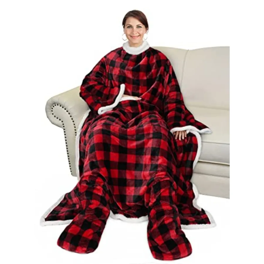Sherpa Wearable Blanket with Sleeves and Feet Pockets for Adult Women Men, Comfy Snuggly Wrap Sleeved Throw Blanket Robe, Gift