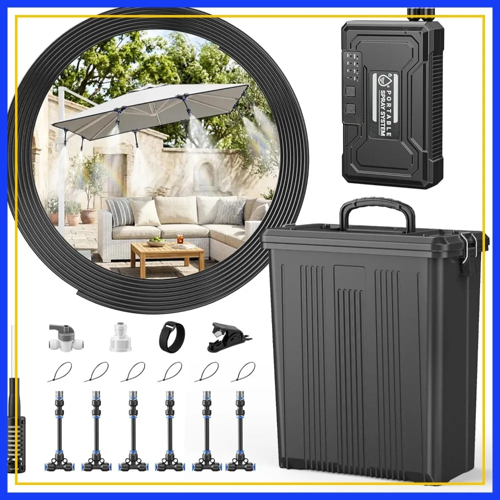 

4 Gallon Misting System with 15000mAh Rechargeable Pump, 33FT Hose - Outdoor Cooling for Patio, Camping, Canopy