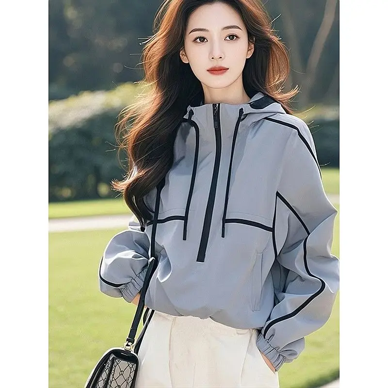

2025 Spring And Autumn New Women's Versatile Thin Blue Loose Casual Hooded Jacket