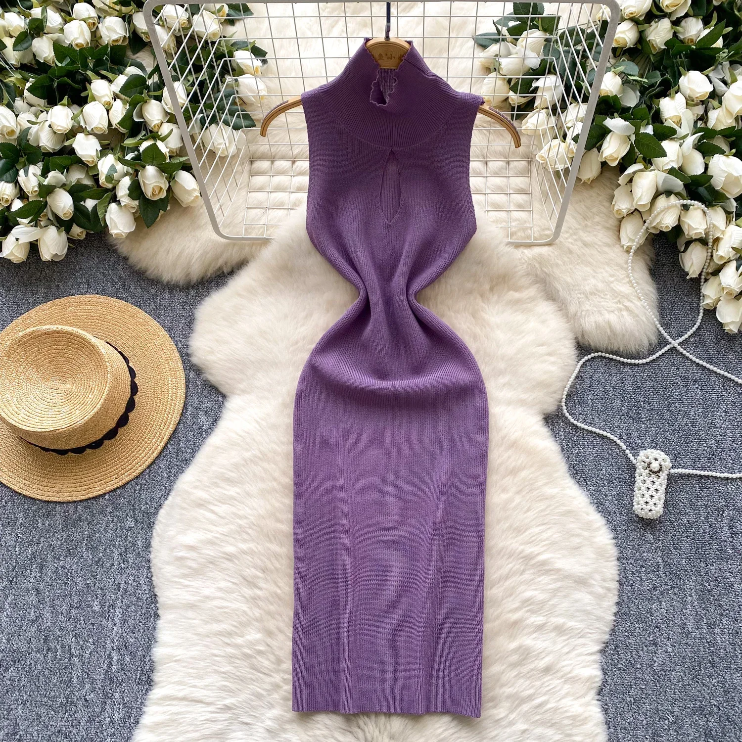 Sommer Sexy Kurzes Kleid Frauen Ärmelloses Dünnes Strand Sommerkleid Halb Hohen Kragen Gestrickte Mini, Figurbetontes Kleid Streetwear Outfits