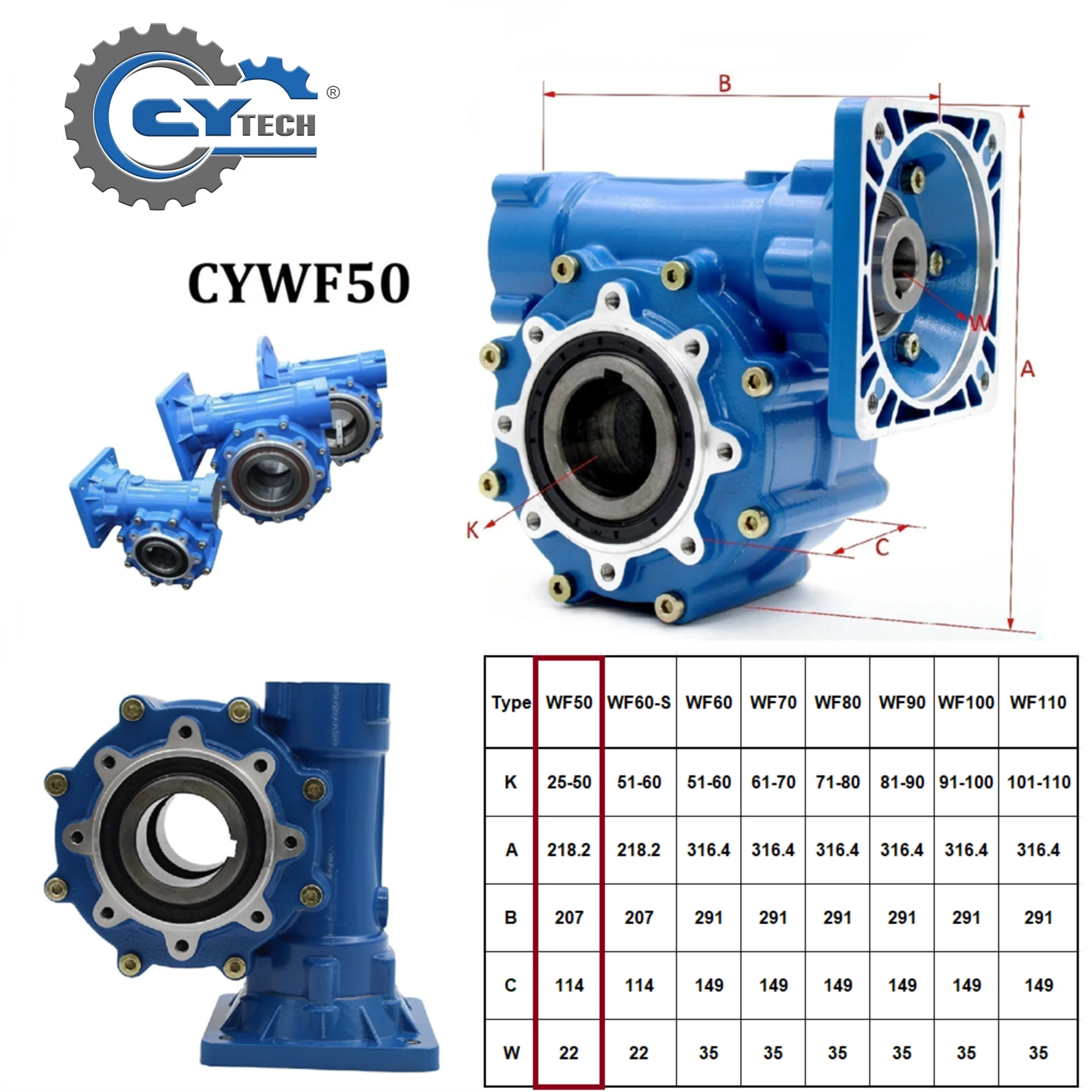 CHENYUE Reduktor przekładni ślimakowej CYWF50 Otwór wyjściowy 25-50 mm Wejście 22 Przełożenie 5:1/100:1 80-233 N.m Silnik 3Kw Darmowa konserwacja