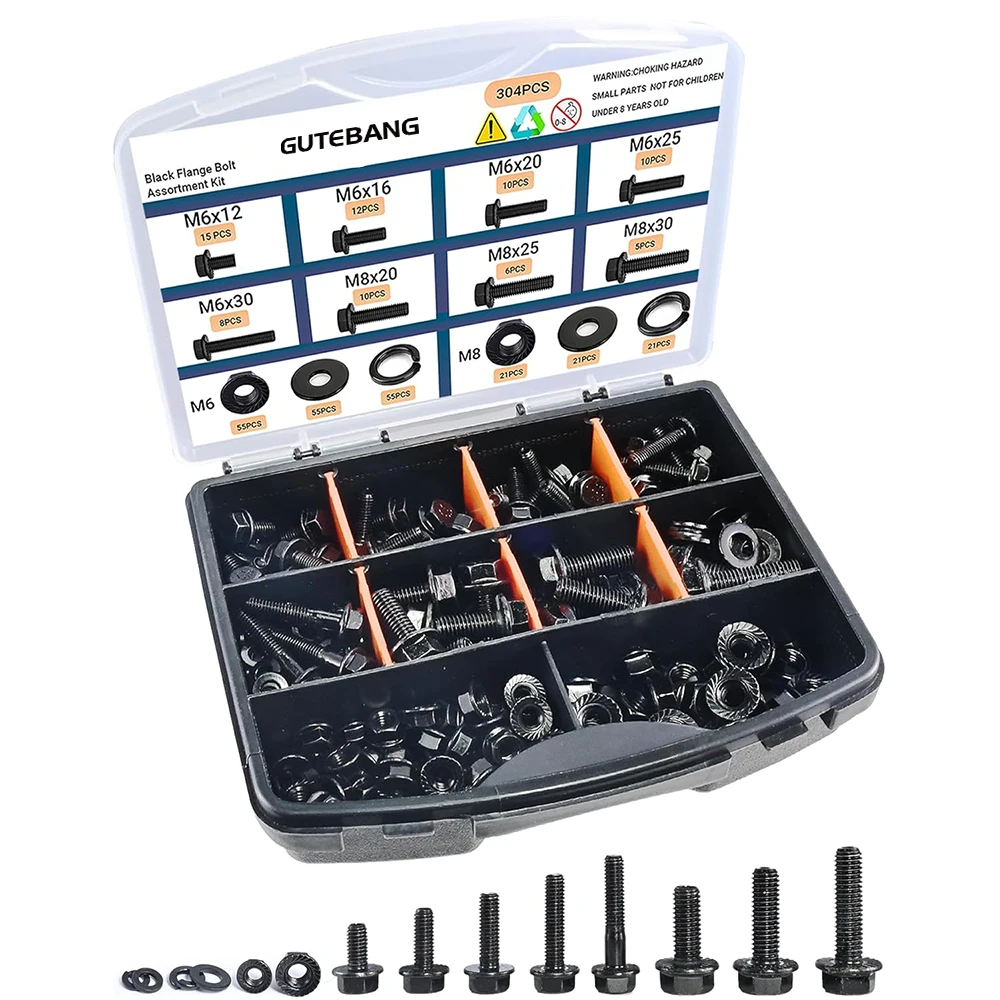 

Набор из 304 метрических фланцевых болтов и гаек, шестигранные болты M6 и M8, гайки и шайбы для различных автомобильных применений