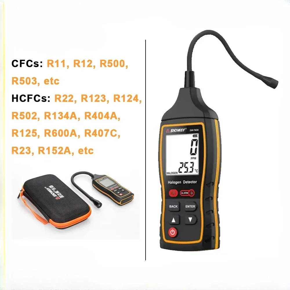 

SNDWAY SW-743A детектор галогенного Газа 1000 PPM цифровой измеритель CFCs HCFCs детектор утечки галогенного Газа Светодиодный звуковая вибрационная сигнализация