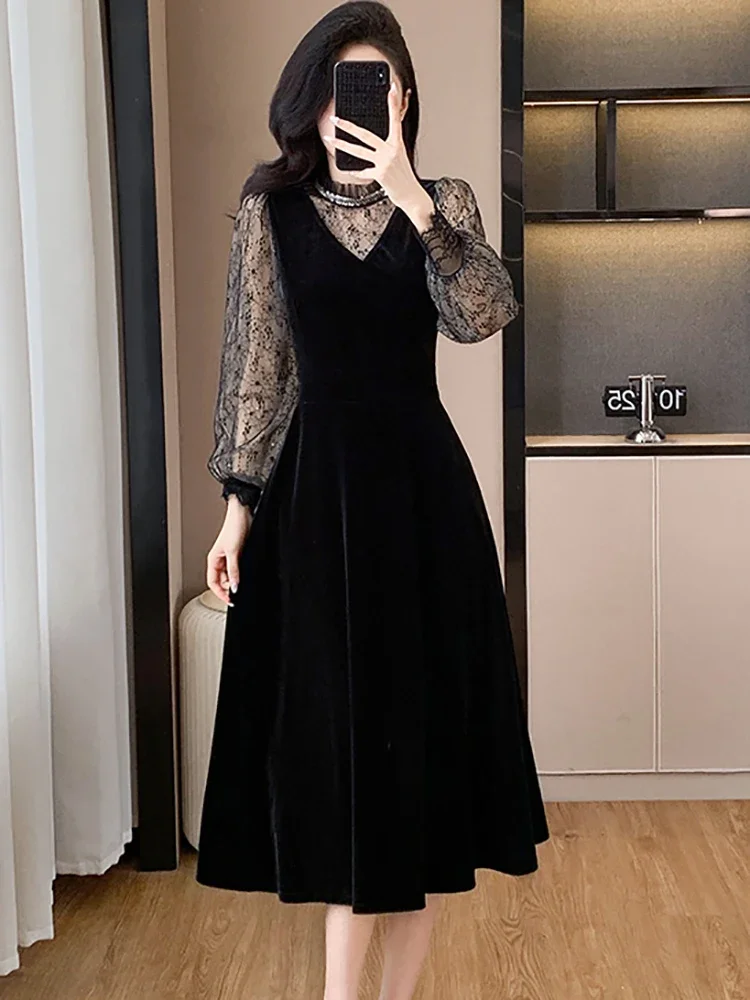 Koreańska sukienka damska Vintage Luxury Eveing Dress Autumn Winter Black Velvet Patchwork Mesh Sheer Dress 2024 Elegancka sukienka imprezowa Bodycon