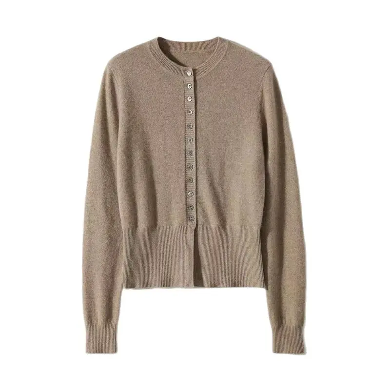 TuangBiang Autumn Spring 2023 Elegant Women O-Neck Cotton Cardigan Coat Single-Breasted Long Sleeves Comfortable Knit Khaki Tops