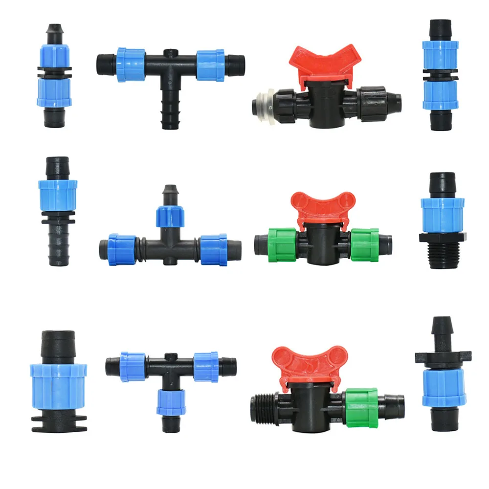 16mm taśma kroplująca do nawadniania złącza Tee łokieć wtyk końcowy z nakrętka zabezpieczająca kroplówka fajka wodna wspólny rozdzielacz wody 1/2
