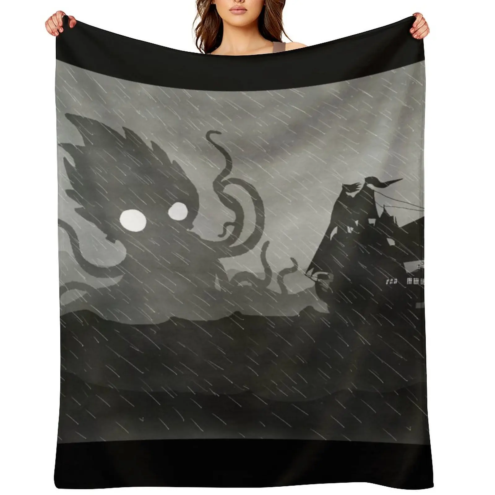 Rainy Ship & Kraken Throw Blanket Warm Shaggy Flannel Extra Large Throw Polar Decorative Sofas Blankets