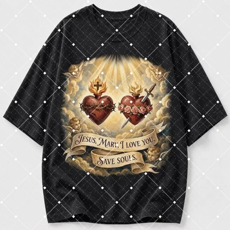 Sacred Hearts Jesus Mary Vintage Religious Graphic T Shirt Gothic Catholic Art Streetwear Tee