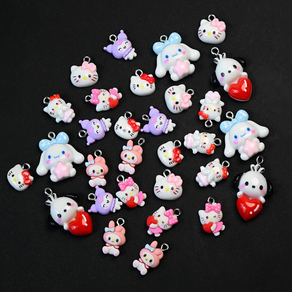 จี้ตกแต่งเล็บลายการ์ตูนเฮลโลคิตตี้น่ารัก 30 ชิ้น แบบผสม วัสดุเรซิ่น สำหรับตกแต่งเล็บ DIY รูปวงกลม ชิ้นส่วน KT