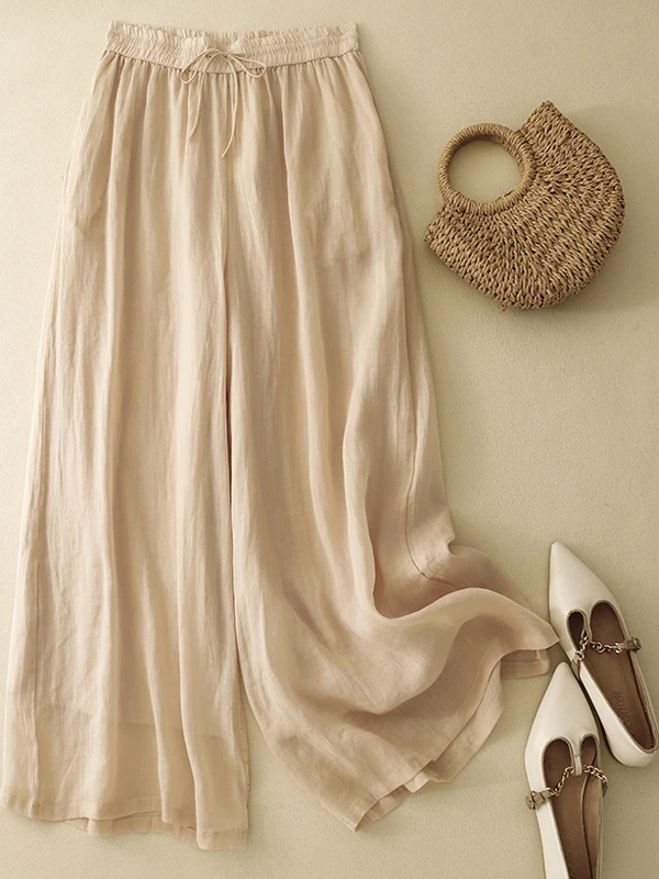 بنطلون واسع الساق بطبقتين للنساء بخصر مطاطي مريح ومتعدد الاستخدامات وفضفاض لموسم الربيع بخصر عالٍ