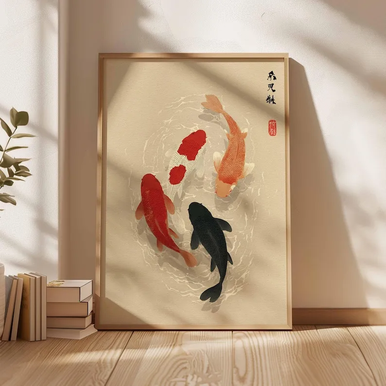 Pôster de Peixe Koi Japonês, Arte de Parede Minimalista Asiática, Pintura em Tela Zen Japandi sem Moldura para Decoração de Sala de Estar