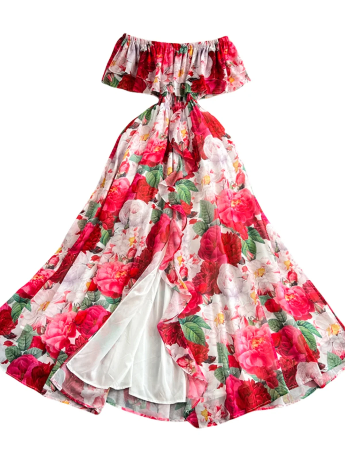 Vestido Longo E de Verão com Estampa Floral, Manga Bufante de Um Ombro, Estilo Coreano, Cintura Alta, Modelo Evasê Mid...