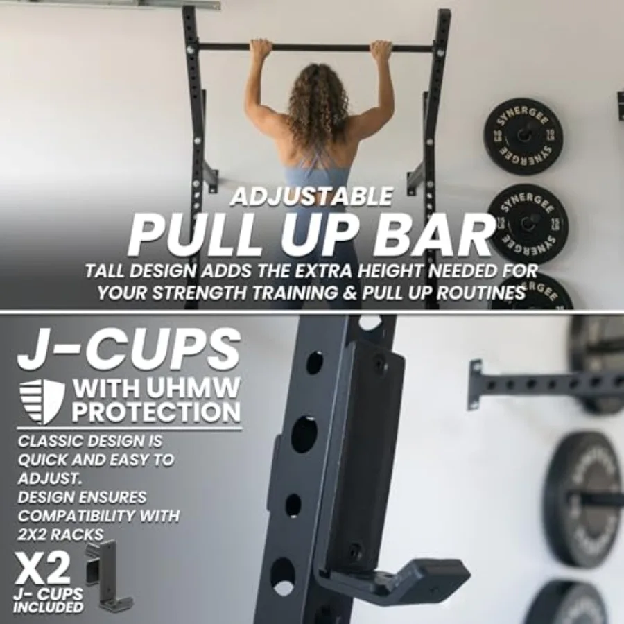 Wall Mounted Squat Rack for home gym use steel construction black finish 750lb capacity with J-Cups and adjustable pull-up bar view 4