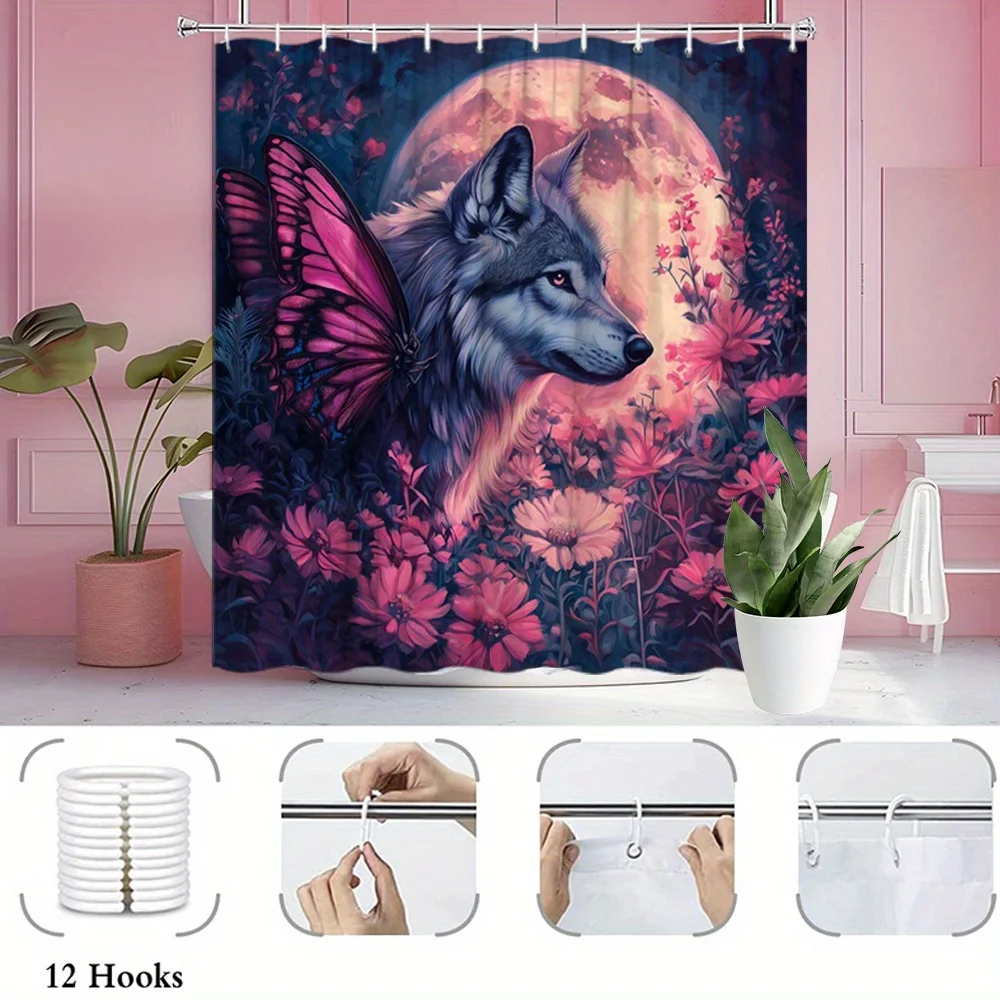 

1 шт. Занавеска для душа Mystical Wolf — дизайн полной луны и розовых цветов, реалистичный серый мех, мечтательное ночное небо, полиэстер, домашний декор, I