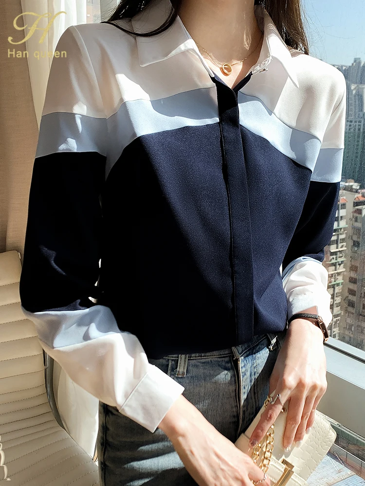 H Han Queen New Autumn Women Vintage Color Contrast Ladies Tops Chiffon Long Sleeve Casual Blouse Female Work Office Shirts