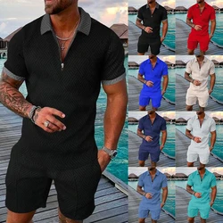 Men's Athletic T-Shirt Set Casual Mesh Lapel Short Sleeve Pullover Tops+Shorts 2-Piece Male Solid Thin Sporty Suits Black Zipper