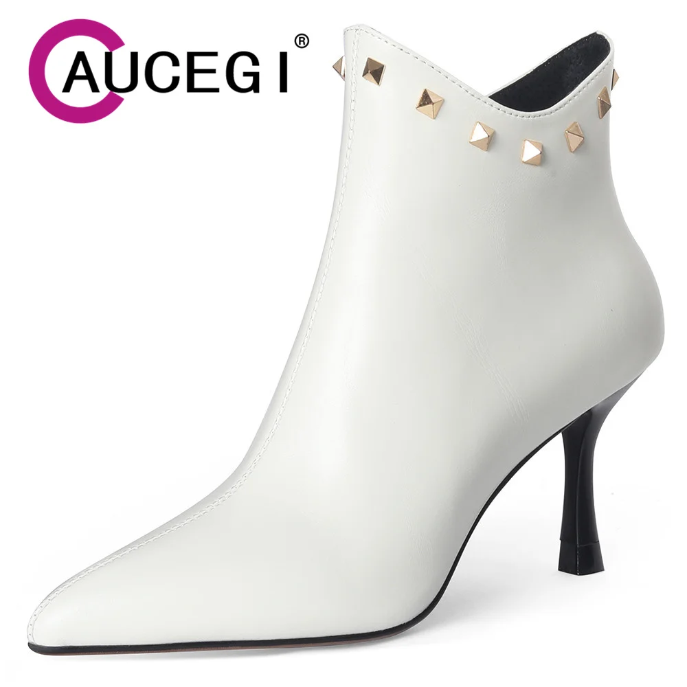 

Aucegi New Black White Women Ankle Boots Metal Rivet Sexy Pointed Toe Side Zipper Design Thin Heel Fashion Party Dress Shoes