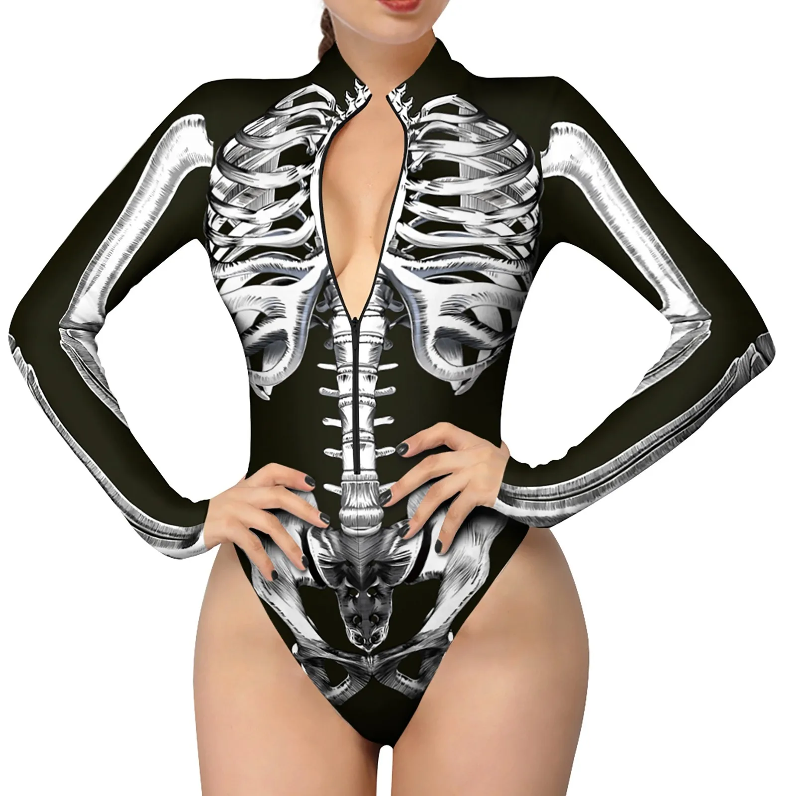 Women Long-Sleeved Tight Jumpsuit Halloween Colorful Fluorescent Skeleton Print Tight Version Ladies Joint Sexy Club Clothes