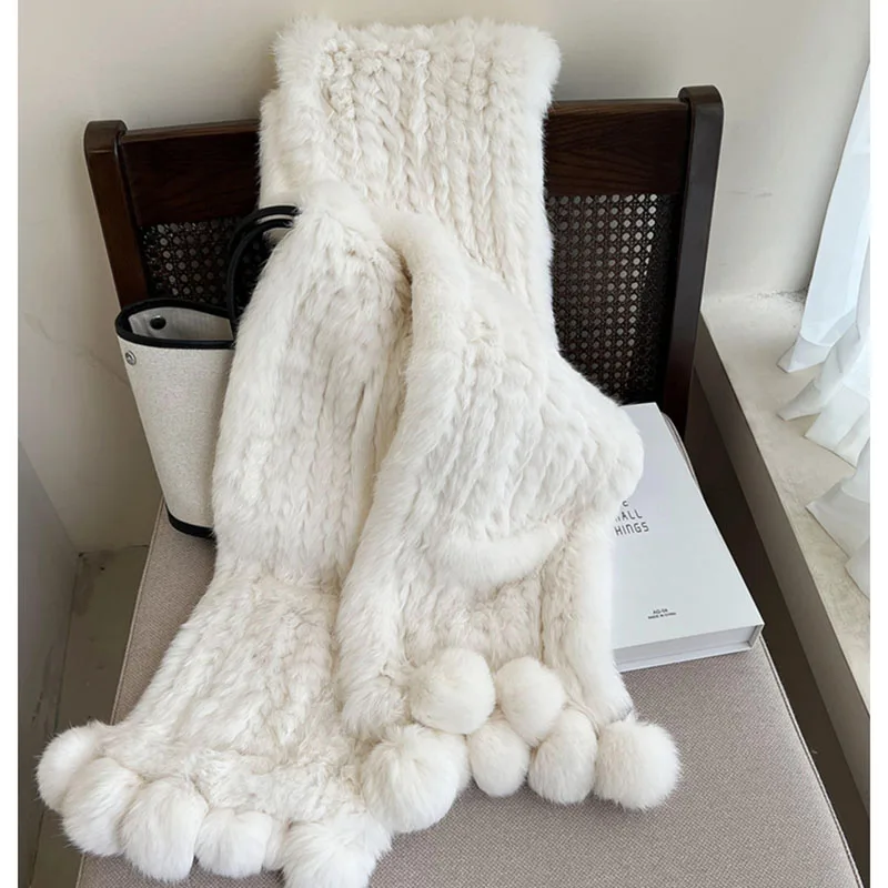 2023 New Arrival Warm Thick Winter Knitted Real Rabbit Fur Shawl Women Fashion Fluffy Soft Natural Genuine Fur Scarves Female