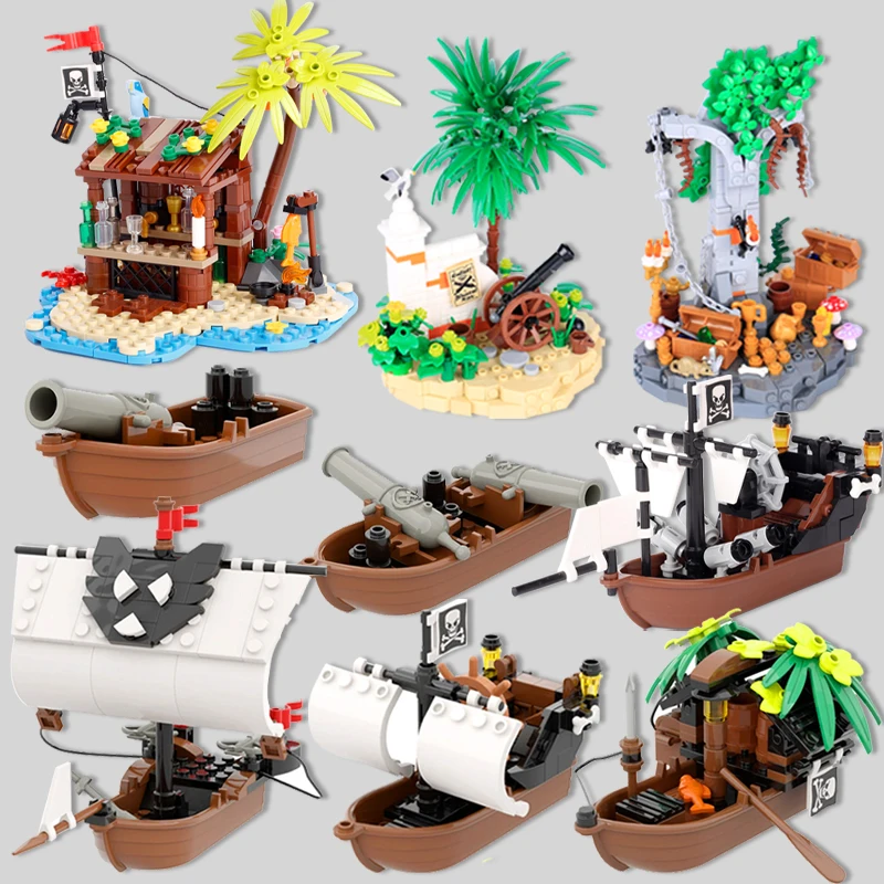 

MOC Medieval Military Pirate Scene Building Blocks Street View Boat Island Wharf Treasure Chest Coconut Tree Weapon Bricks Toys