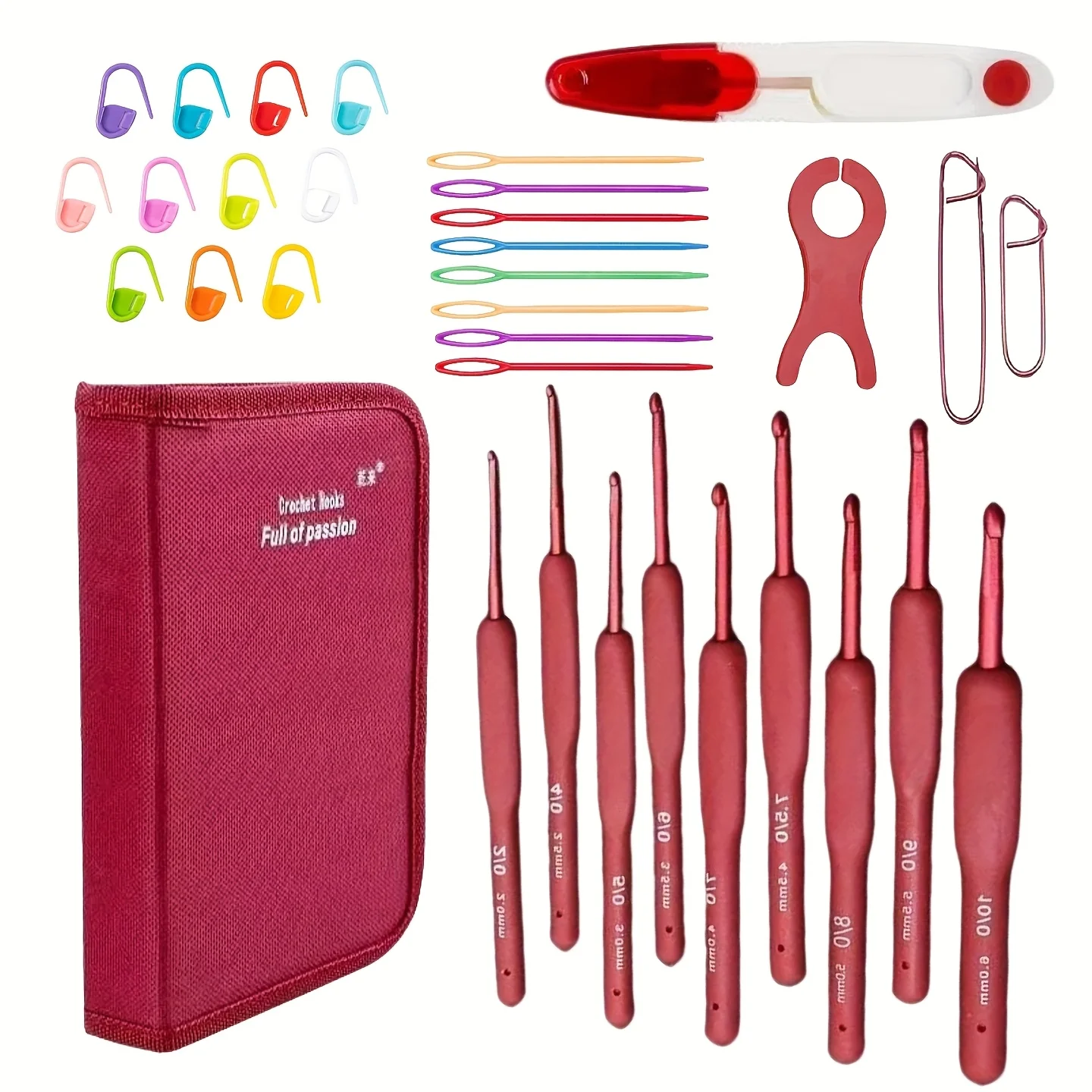 33-teiliges rotes TPR-Häkelnadel-Set mit weichem Griff, ergonomische TPR-Häkelnadeln, (Zubehörfarbe zufällig)