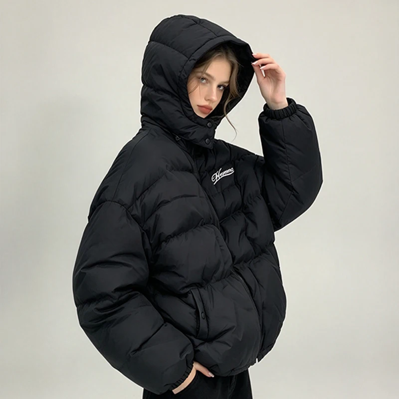 2026 New Solid Color Hooded Padded Cotton Coat Letter Embroidery  Loose Fit Warm Hip Hop Streetwear Unisex Cold Resistant Coat